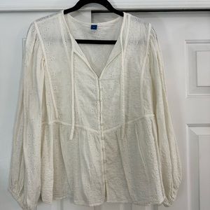 Off white peasant top with eyelet and button detail